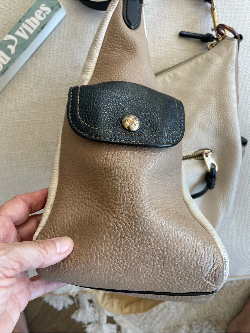 Coach Pennie Pebbled Leather Crossbody Shoulder Bag in Cream and Brown